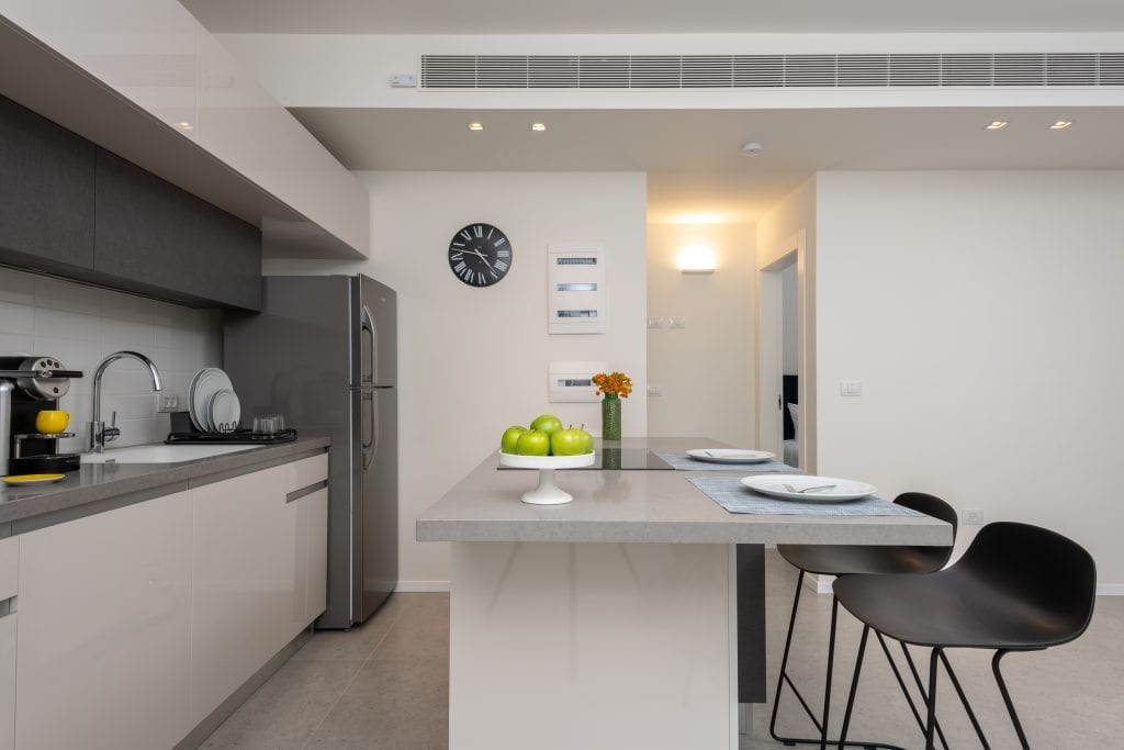Stylish and functional kitchenette in the One-Bedroom Apartment with Balcony at master Shenkin Tel Aviv, designed for convenience and contemporary living