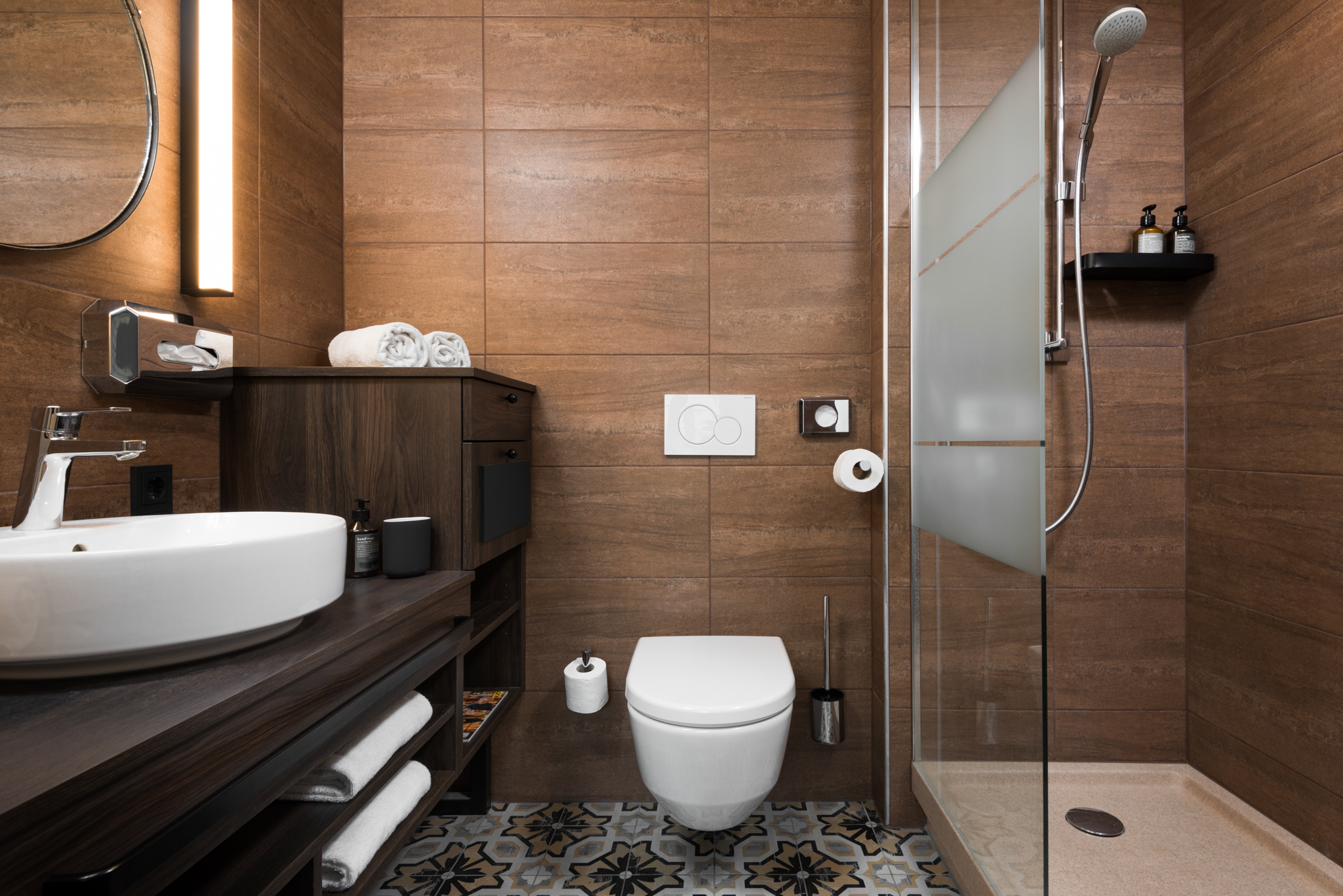 Sleek and stylish bathroom at master Mirabell, designed for comfort.
