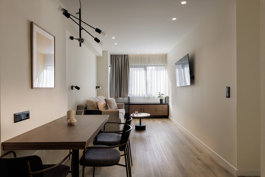 Stylish living area in the One Bedroom Apartment at master Plaka Athens, featuring a cozy sofa bed in its closed position for daytime lounging.