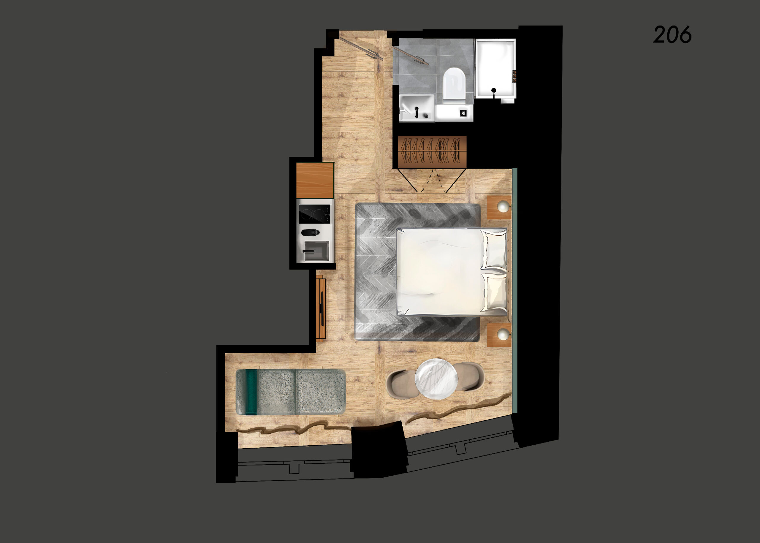 Studio with sofa bed Layout 2